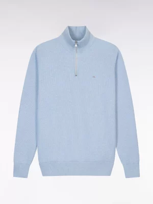 Pull Col Cheminee 111 Nid Abeille 1/2 Zip Bleu Clair